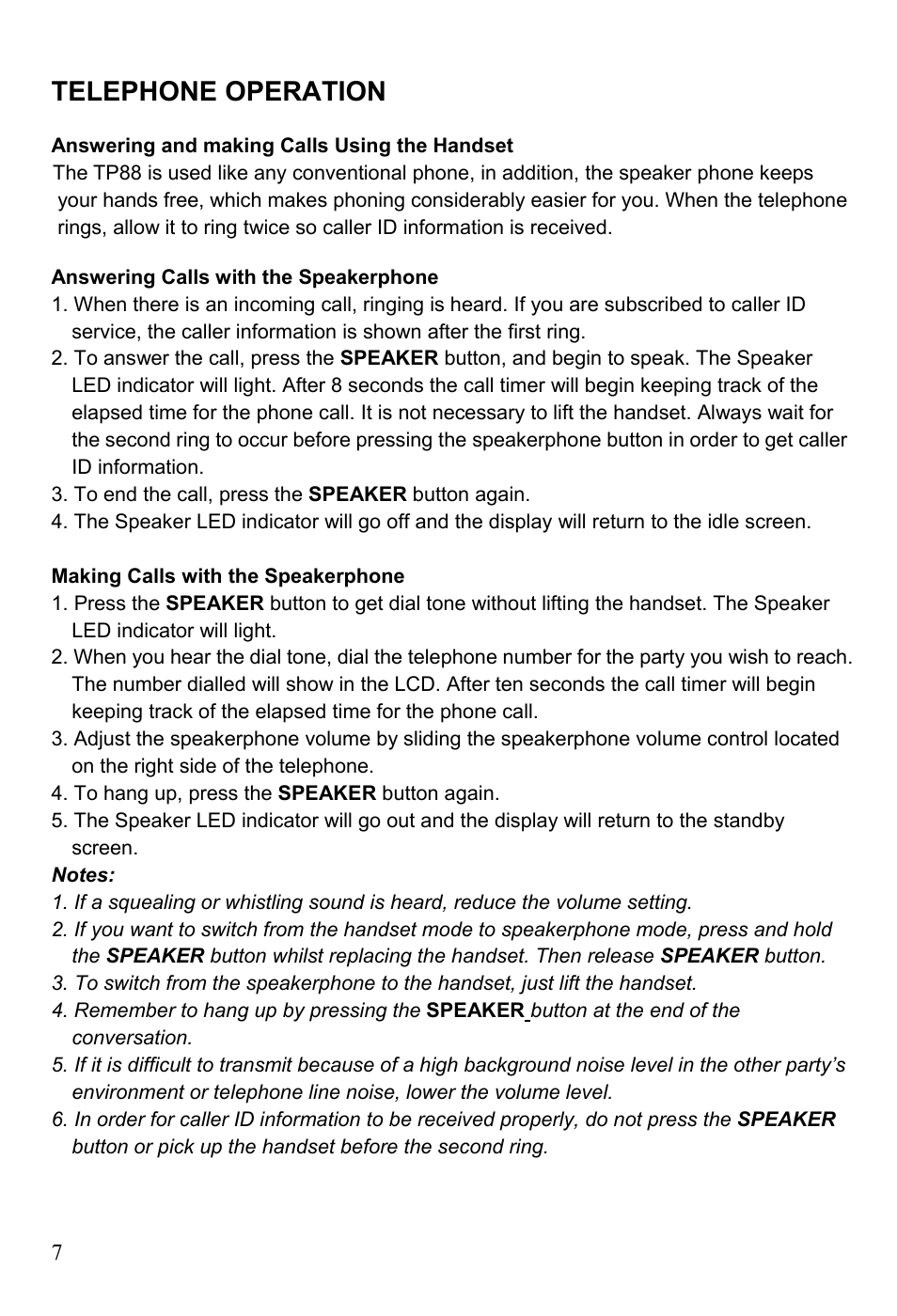 Telephone operation | Oricom TP88 User Manual | Page 7 / 20