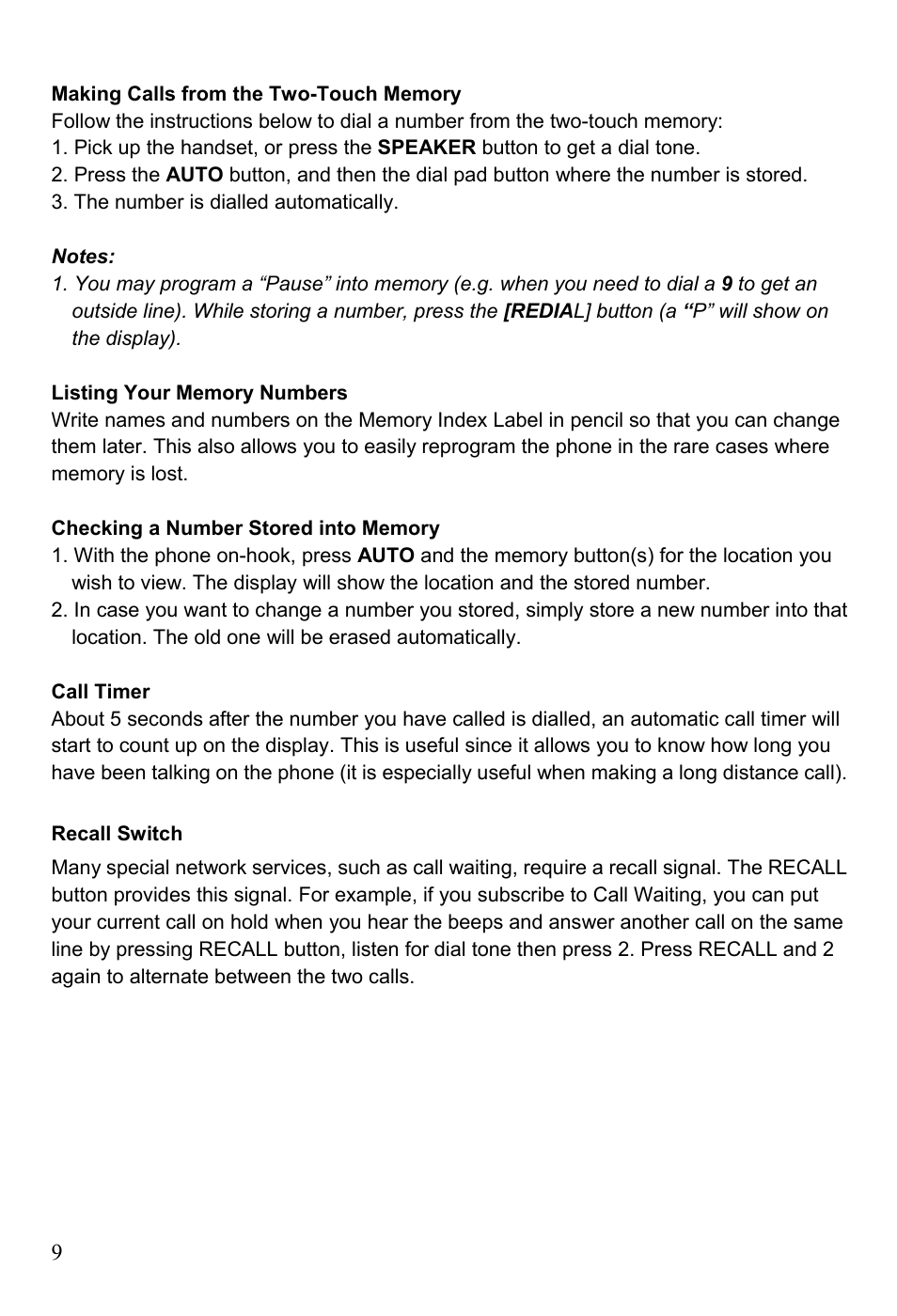Listing your memory numbers, Call timer | Oricom TP88 User Manual | Page 9 / 20