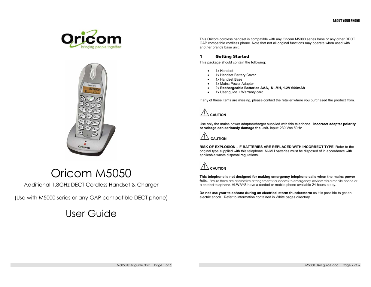 Oricom M5050 User Manual | 3 pages