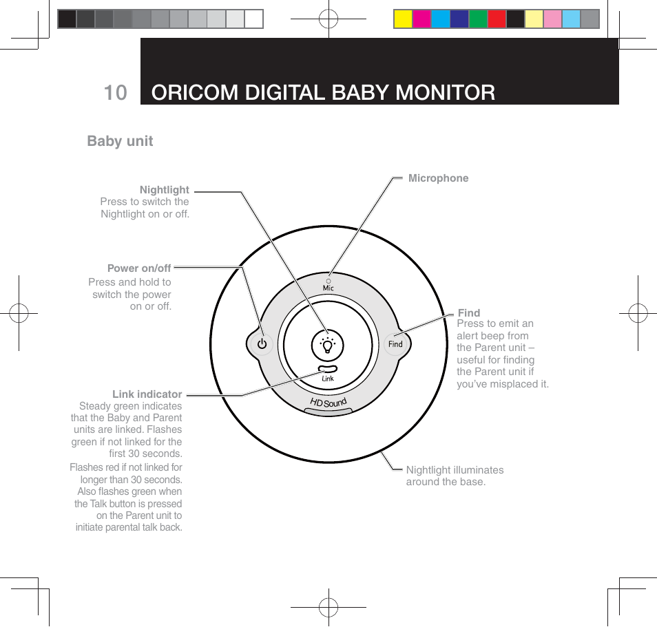 Oricom digital baby monitor, Baby unit | Oricom SECURE 310 User Manual | Page 10 / 32