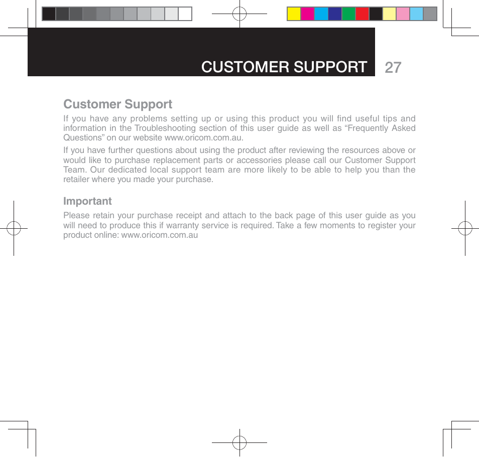 27 customer support | Oricom SECURE 310 User Manual | Page 27 / 32