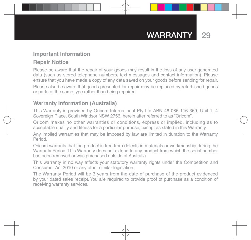 29 warranty | Oricom SECURE 310 User Manual | Page 29 / 32