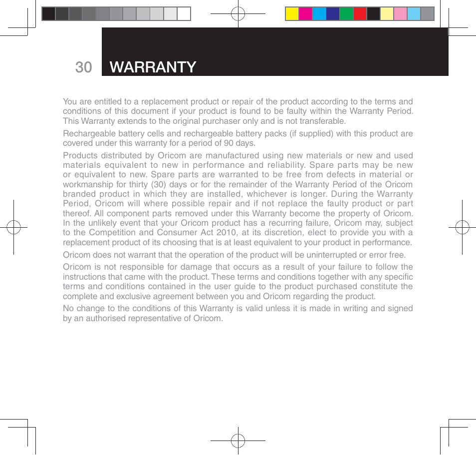 30 warranty | Oricom SECURE 310 User Manual | Page 30 / 32