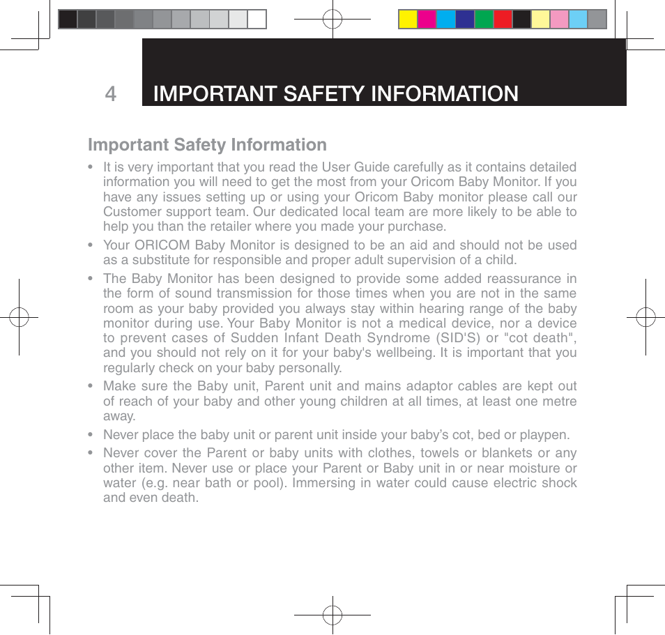 4important safety information, Important safety information | Oricom SECURE 310 User Manual | Page 4 / 32