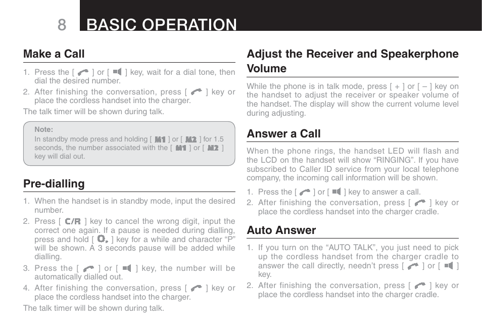 8basic operation, Make a call, Pre-dialling | Adjust the receiver and speakerphone volume, Answer a call, Auto answer | Oricom ECO90 User Manual | Page 10 / 32