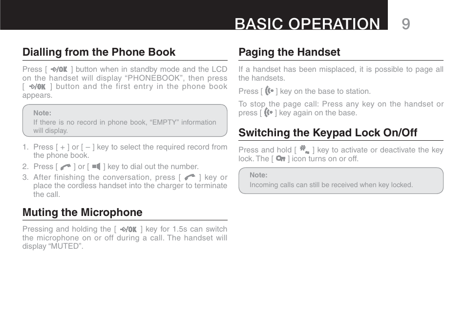 9basic operation, Dialling from the phone book, Muting the microphone | Paging the handset, Switching the keypad lock on/off | Oricom ECO90 User Manual | Page 11 / 32