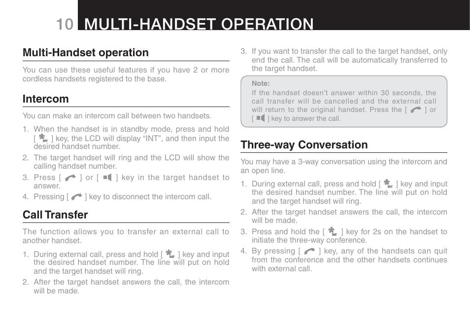 10 multi-handset operation, Multi-handset operation, Intercom | Call transfer, Three-way conversation | Oricom ECO90 User Manual | Page 12 / 32