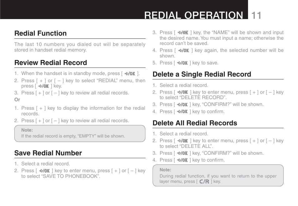 11 redial operation, Redial function, Review redial record | Save redial number, Delete a single redial record, Delete all redial records | Oricom ECO90 User Manual | Page 13 / 32