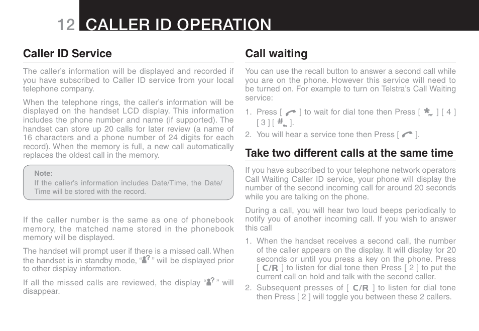 12 caller id operation, Caller id service, Call waiting | Take two different calls at the same time | Oricom ECO90 User Manual | Page 14 / 32