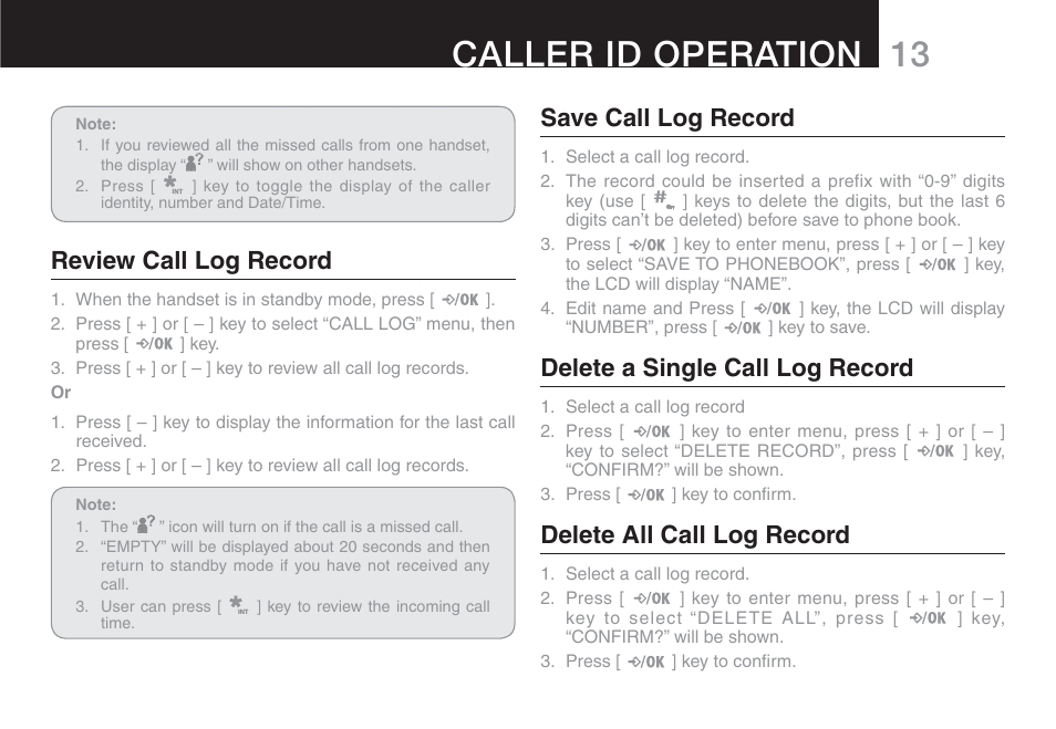 13 caller id operation, Review call log record, Save call log record | Delete a single call log record, Delete all call log record | Oricom ECO90 User Manual | Page 15 / 32
