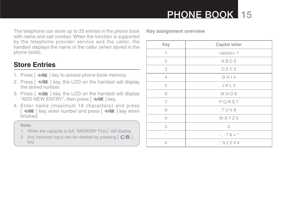 15 phone book, Store entries | Oricom ECO90 User Manual | Page 17 / 32