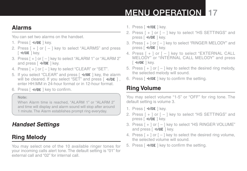 17 menu operation, Alarms, Handset settings ring melody | Ring volume | Oricom ECO90 User Manual | Page 19 / 32