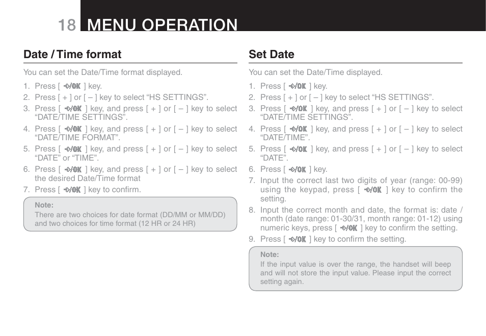 18 menu operation, Date / time format, Set date | Oricom ECO90 User Manual | Page 20 / 32