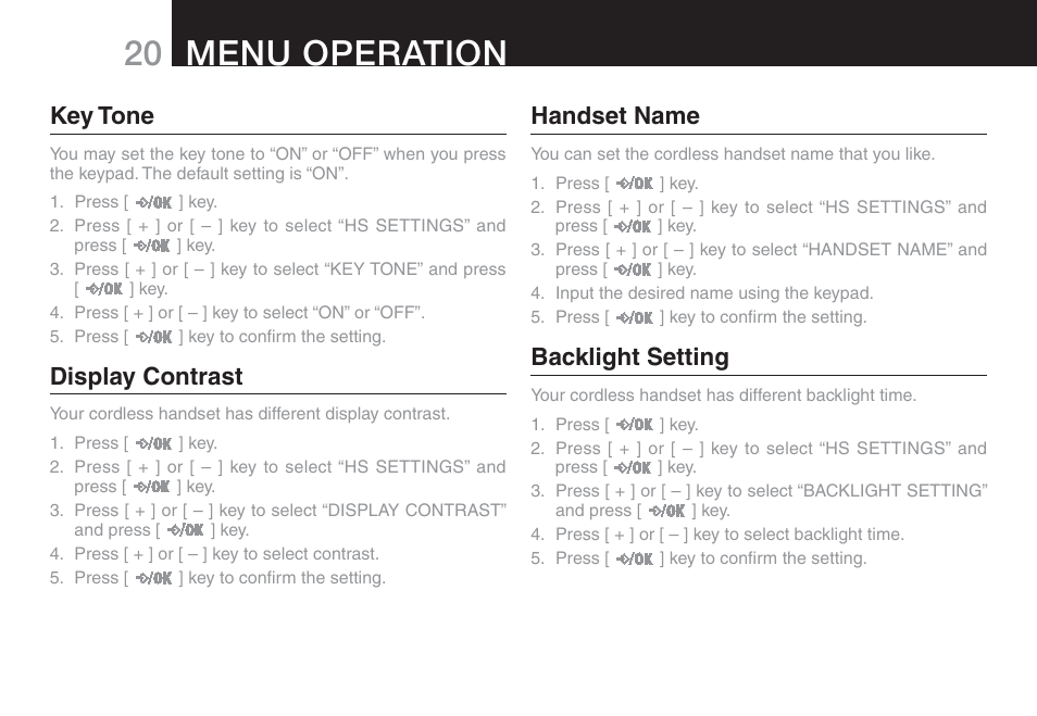 20 menu operation, Key tone, Display contrast | Handset name, Backlight setting | Oricom ECO90 User Manual | Page 22 / 32