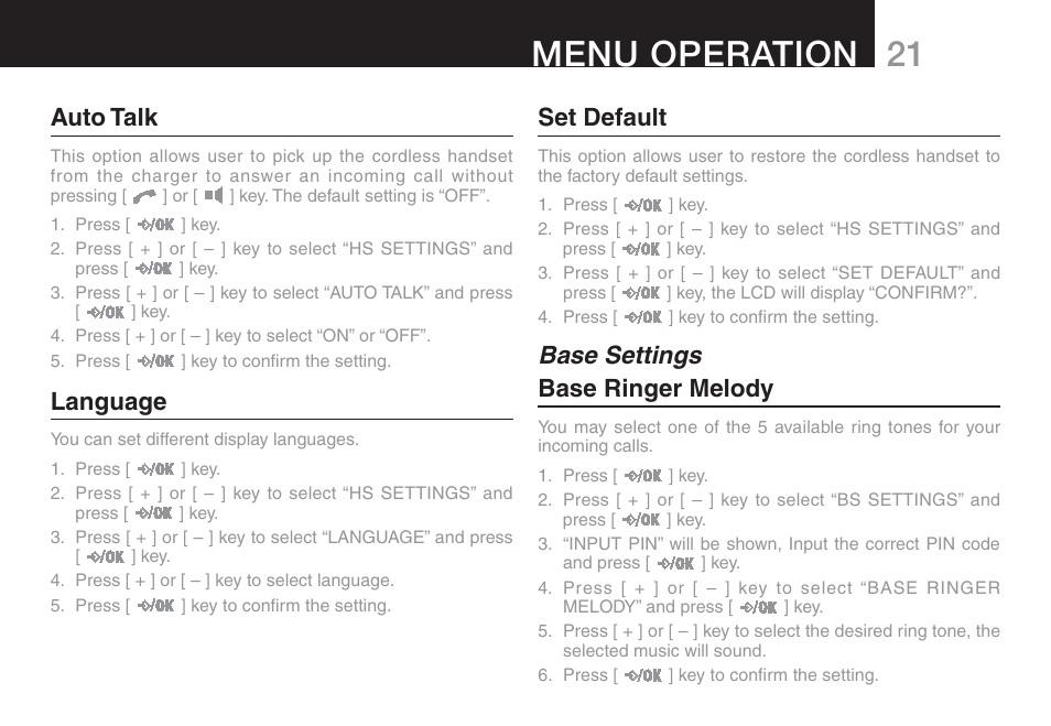21 menu operation, Auto talk, Language | Set default, Base settings base ringer melody | Oricom ECO90 User Manual | Page 23 / 32