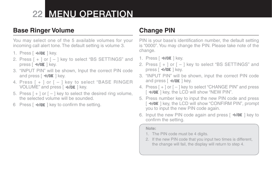 22 menu operation, Base ringer volume, Change pin | Oricom ECO90 User Manual | Page 24 / 32