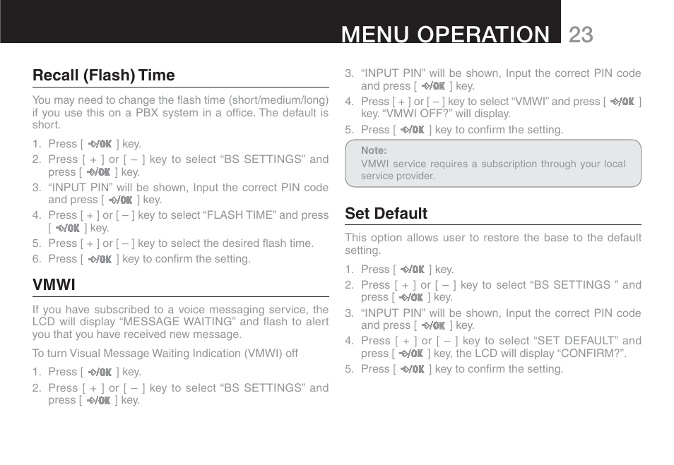 23 menu operation, Recall (flash) time, Vmwi | Set default | Oricom ECO90 User Manual | Page 25 / 32