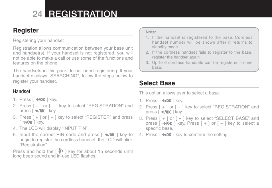 24 registration, Register, Select base | Oricom ECO90 User Manual | Page 26 / 32