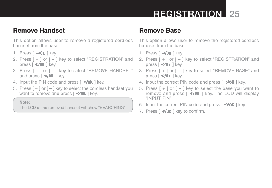 25 registration, Remove handset, Remove base | Oricom ECO90 User Manual | Page 27 / 32