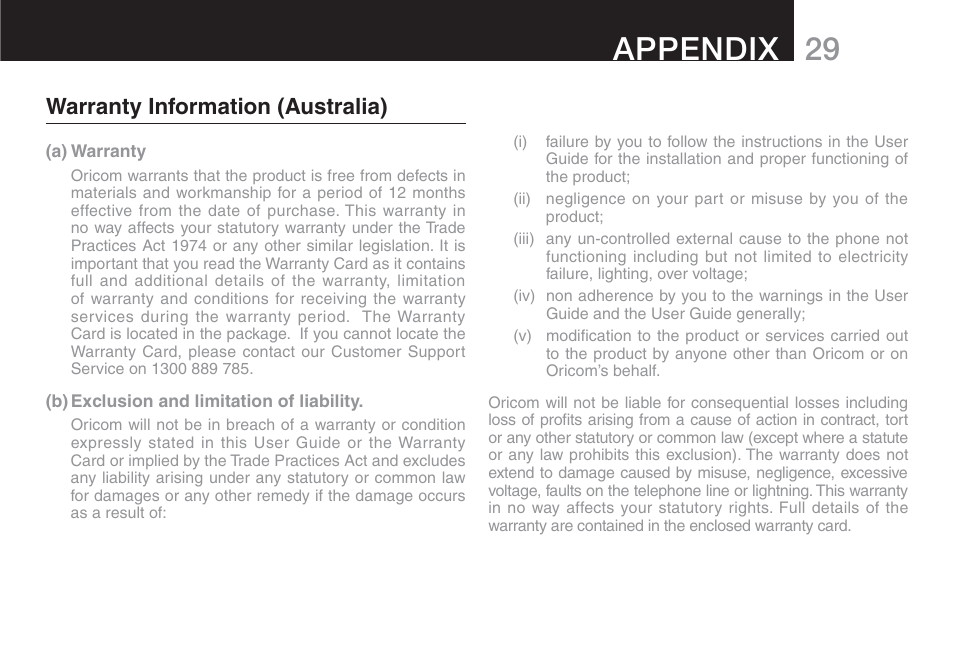 29 appendix, Warranty information (australia) | Oricom ECO90 User Manual | Page 31 / 32