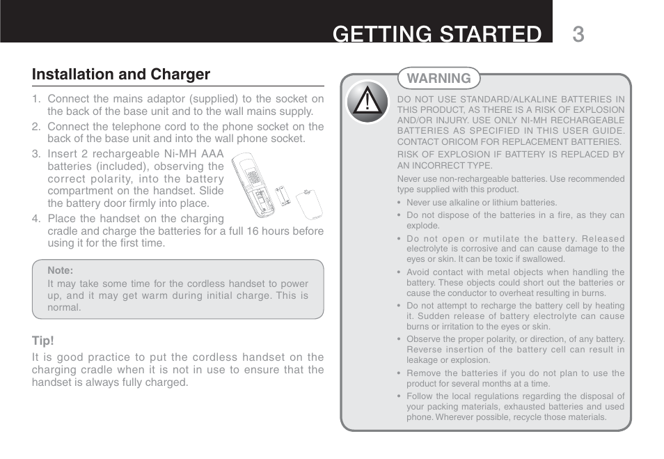 3getting started, Installation and charger | Oricom ECO90 User Manual | Page 5 / 32