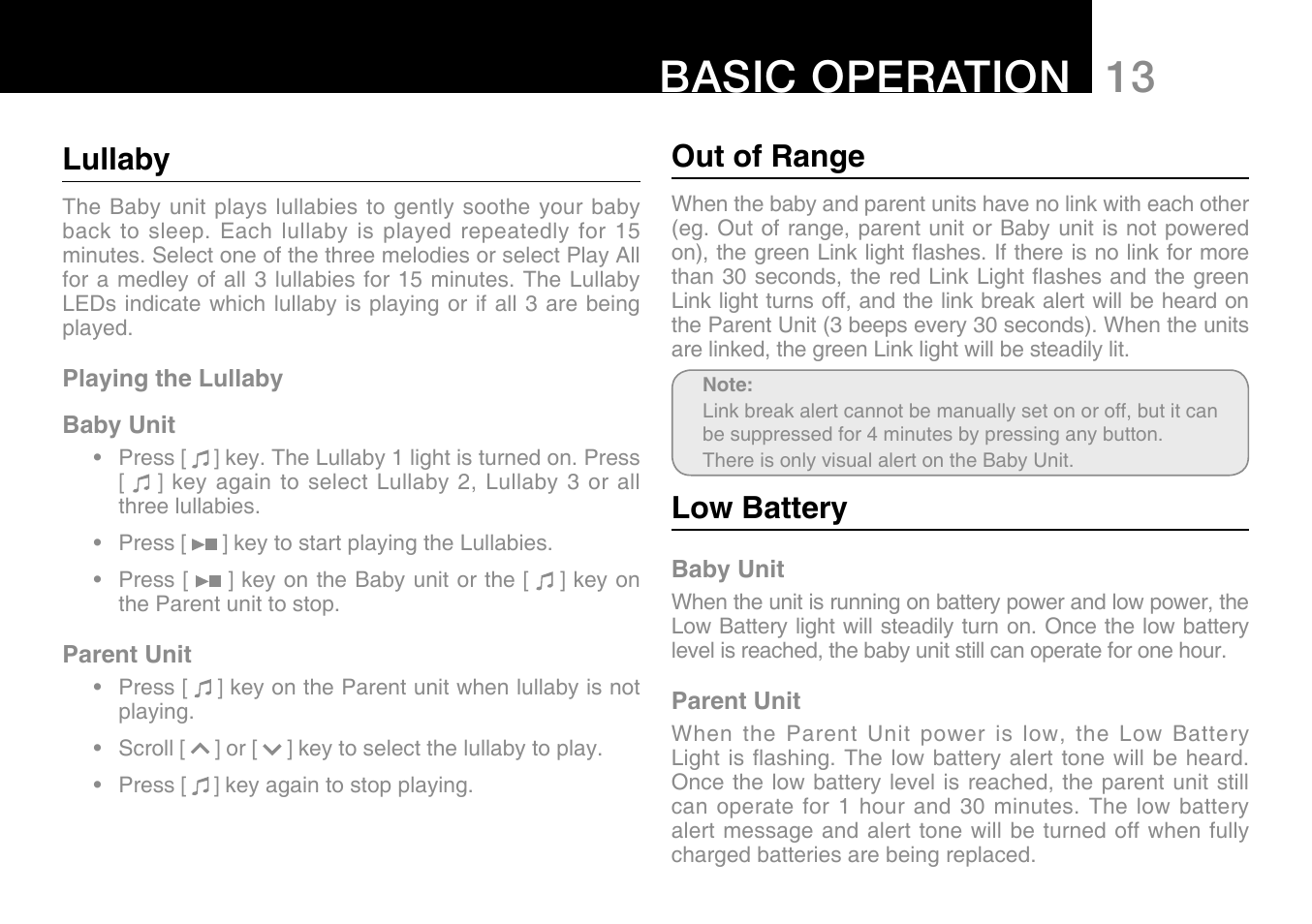 13 basic operation, Lullaby, Out of range | Low battery | Oricom Secure 300 User Manual | Page 15 / 20