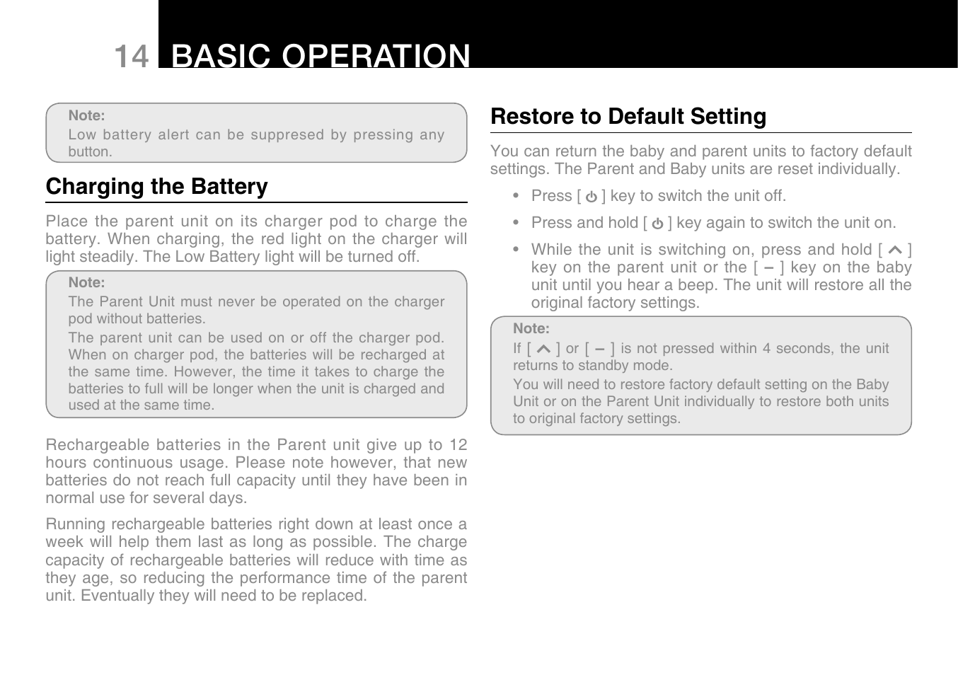 14 basic operation, Charging the battery, Restore to default setting | Oricom Secure 300 User Manual | Page 16 / 20