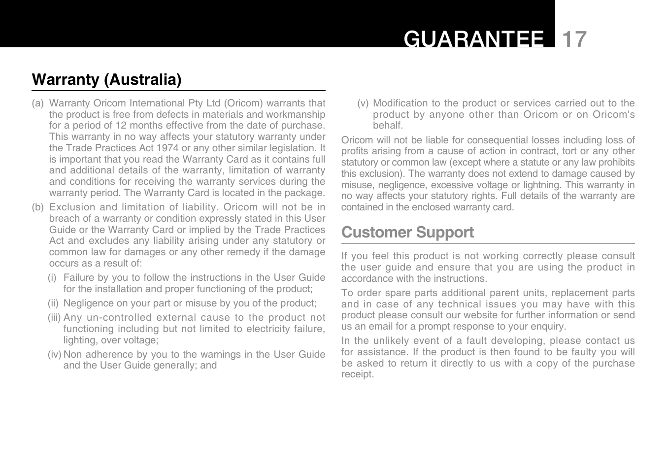 17 guarantee, Warranty (australia), Customer support | Oricom Secure 300 User Manual | Page 19 / 20