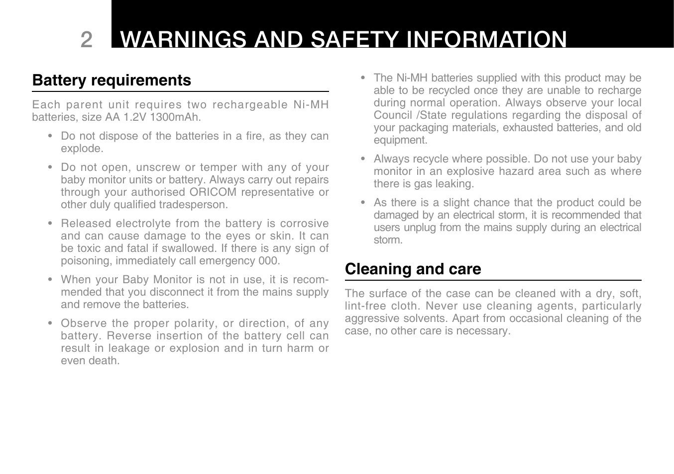 2warnings and safety information, Battery requirements, Cleaning and care | Oricom Secure 300 User Manual | Page 4 / 20