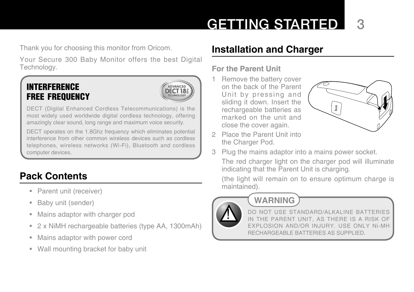 Getting started, Installation and charger, Interference free frequency | Pack contents | Oricom Secure 300 User Manual | Page 5 / 20