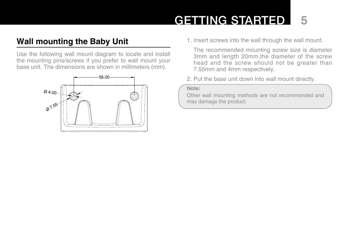 5getting started, Wall mounting the baby unit | Oricom Secure 300 User Manual | Page 7 / 20