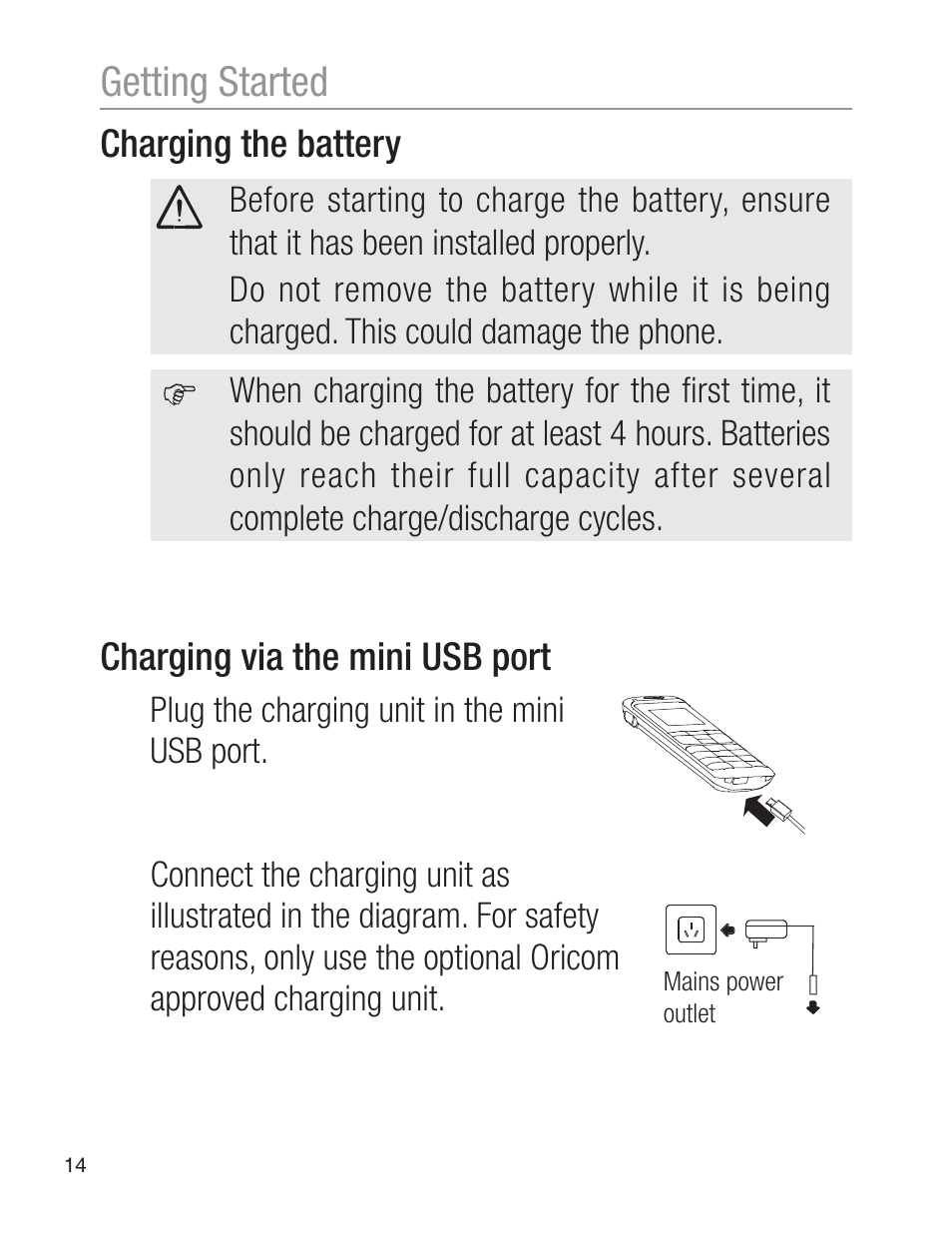 Getting started, Charging the battery, Charging via the mini usb port | Oricom EZY120 User Manual | Page 14 / 68