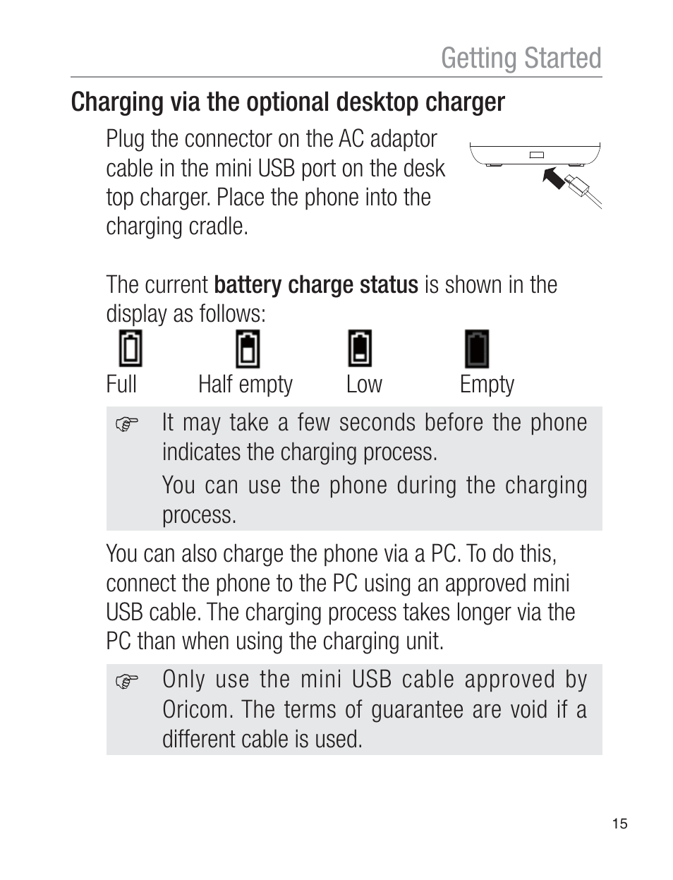 Getting started, Charging via the optional desktop charger | Oricom EZY120 User Manual | Page 15 / 68