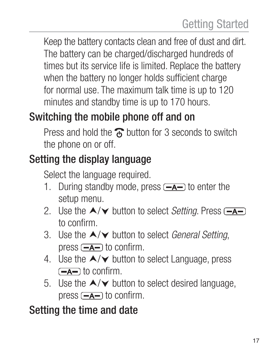 Getting started | Oricom EZY120 User Manual | Page 17 / 68