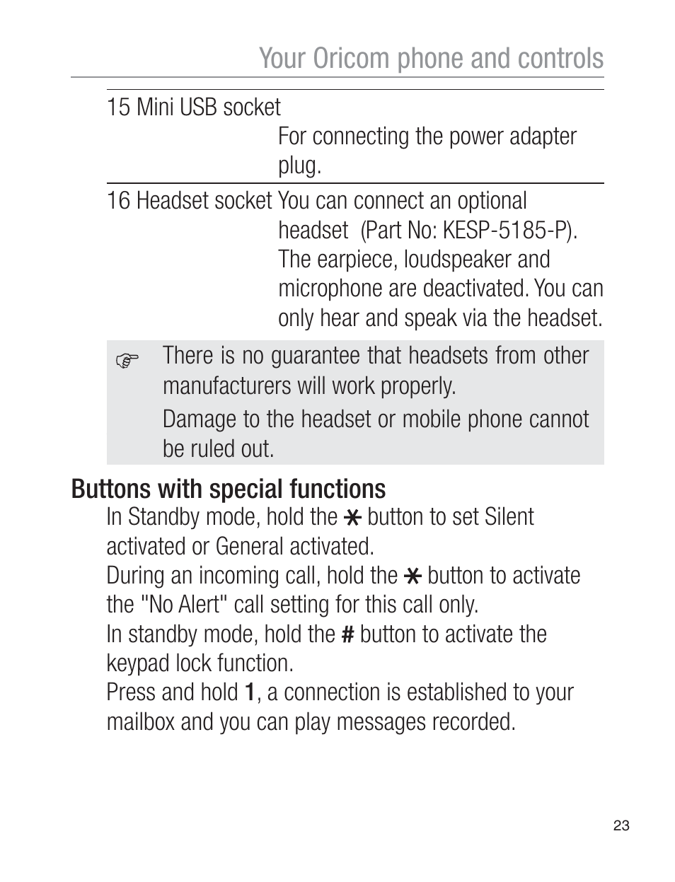 Your oricom phone and controls, Buttons with special functions | Oricom EZY120 User Manual | Page 23 / 68