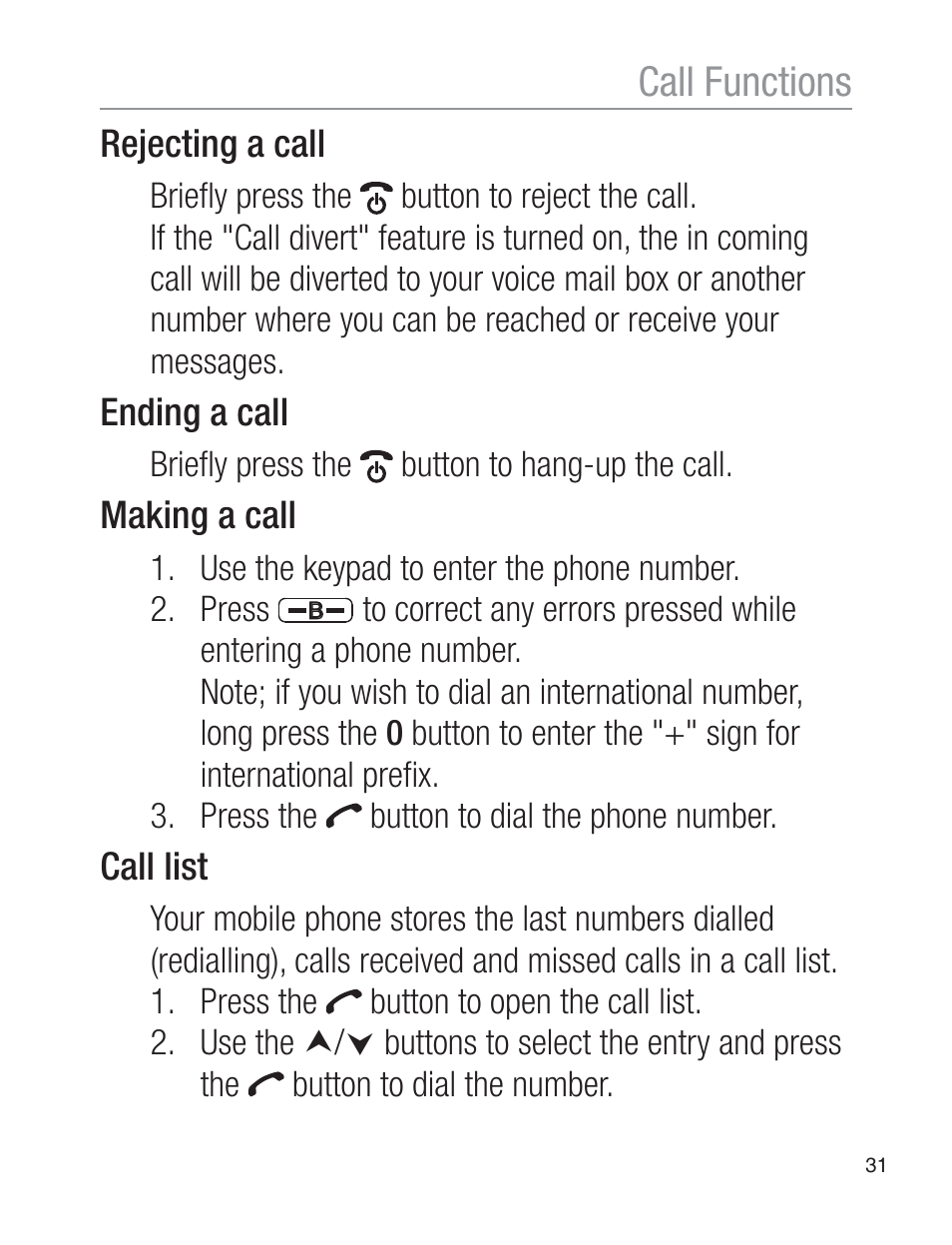 Call functions | Oricom EZY120 User Manual | Page 31 / 68