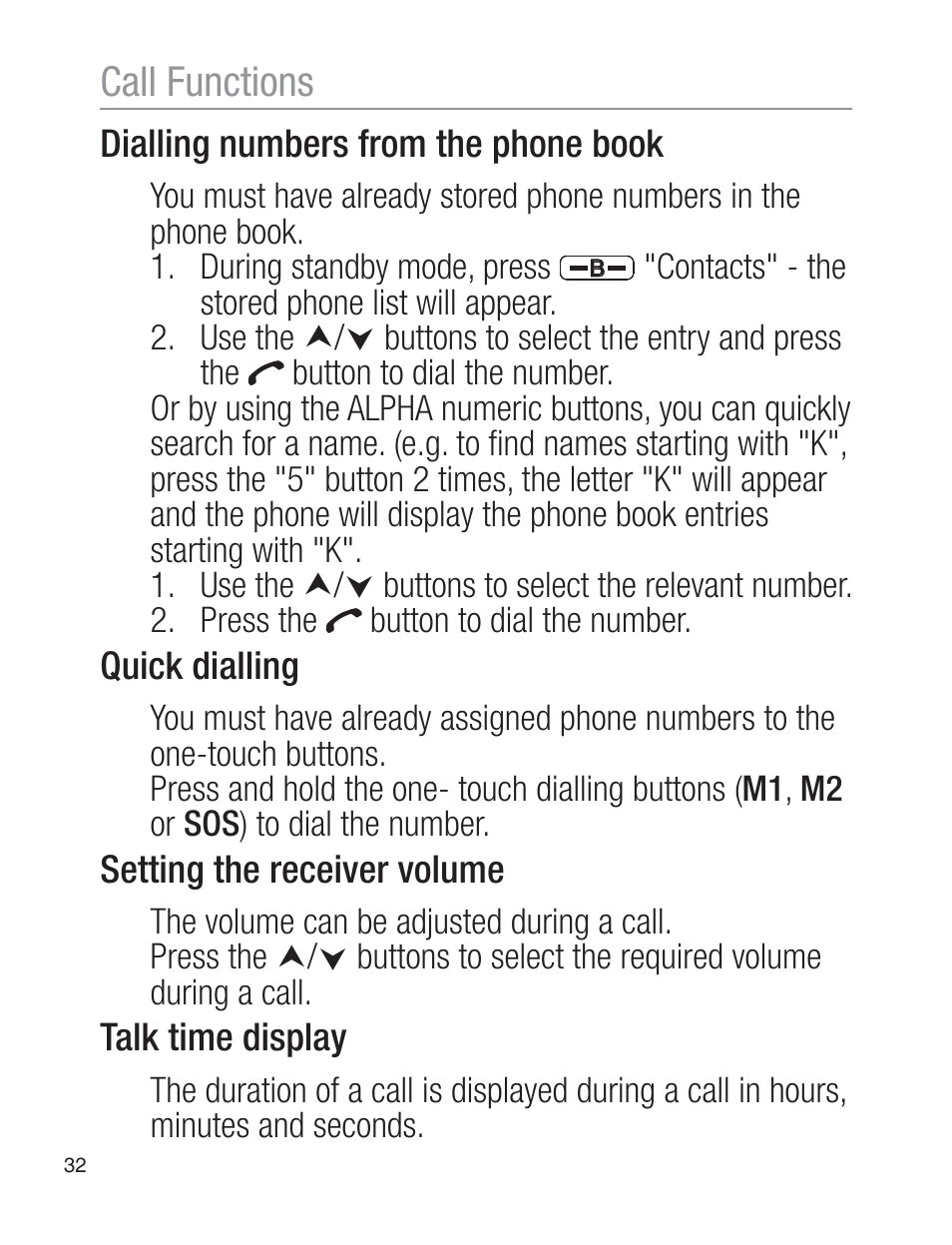 Call functions | Oricom EZY120 User Manual | Page 32 / 68