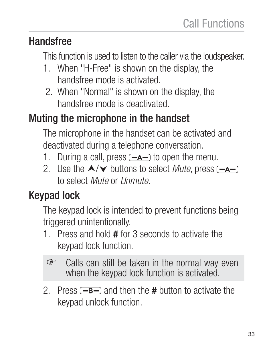 Call functions, Handsfree, Muting the microphone in the handset | Keypad lock | Oricom EZY120 User Manual | Page 33 / 68