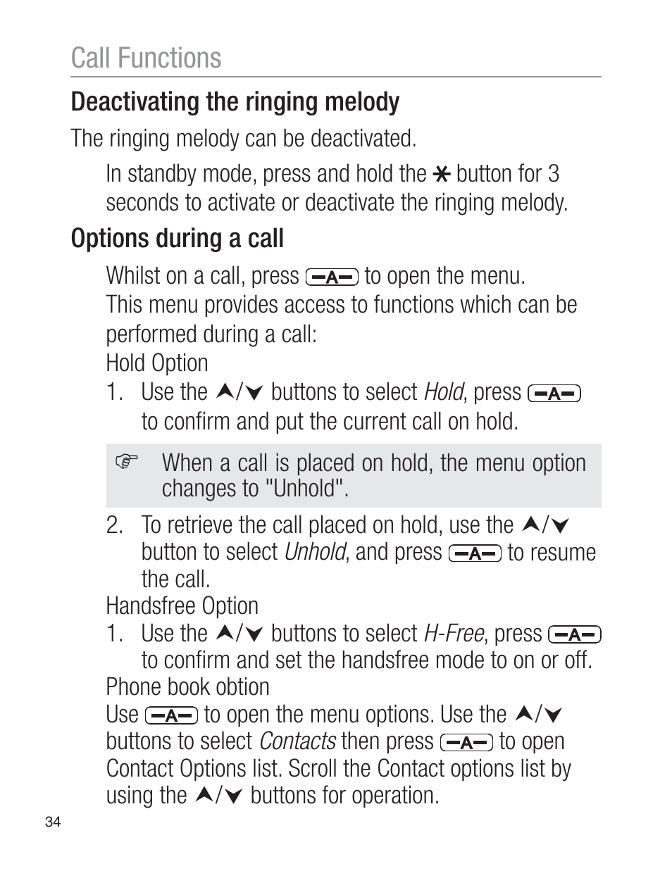 Call functions | Oricom EZY120 User Manual | Page 34 / 68