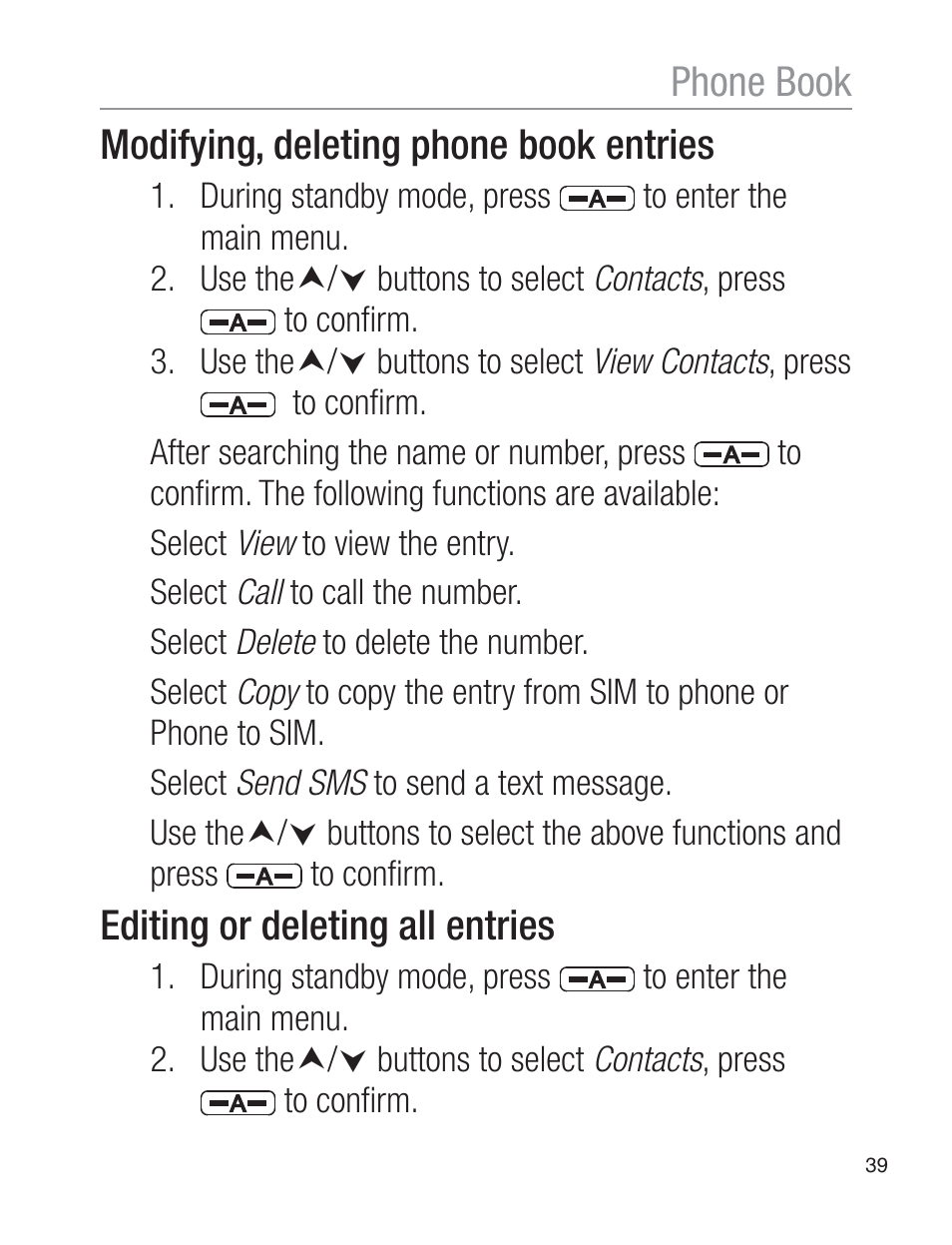 Modifying, deleting phone book entries, Editing or deleting all entries, Phone book | Oricom EZY120 User Manual | Page 39 / 68