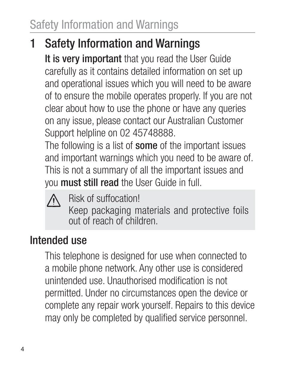 1 safety information and warnings, Safety information and warnings | Oricom EZY120 User Manual | Page 4 / 68