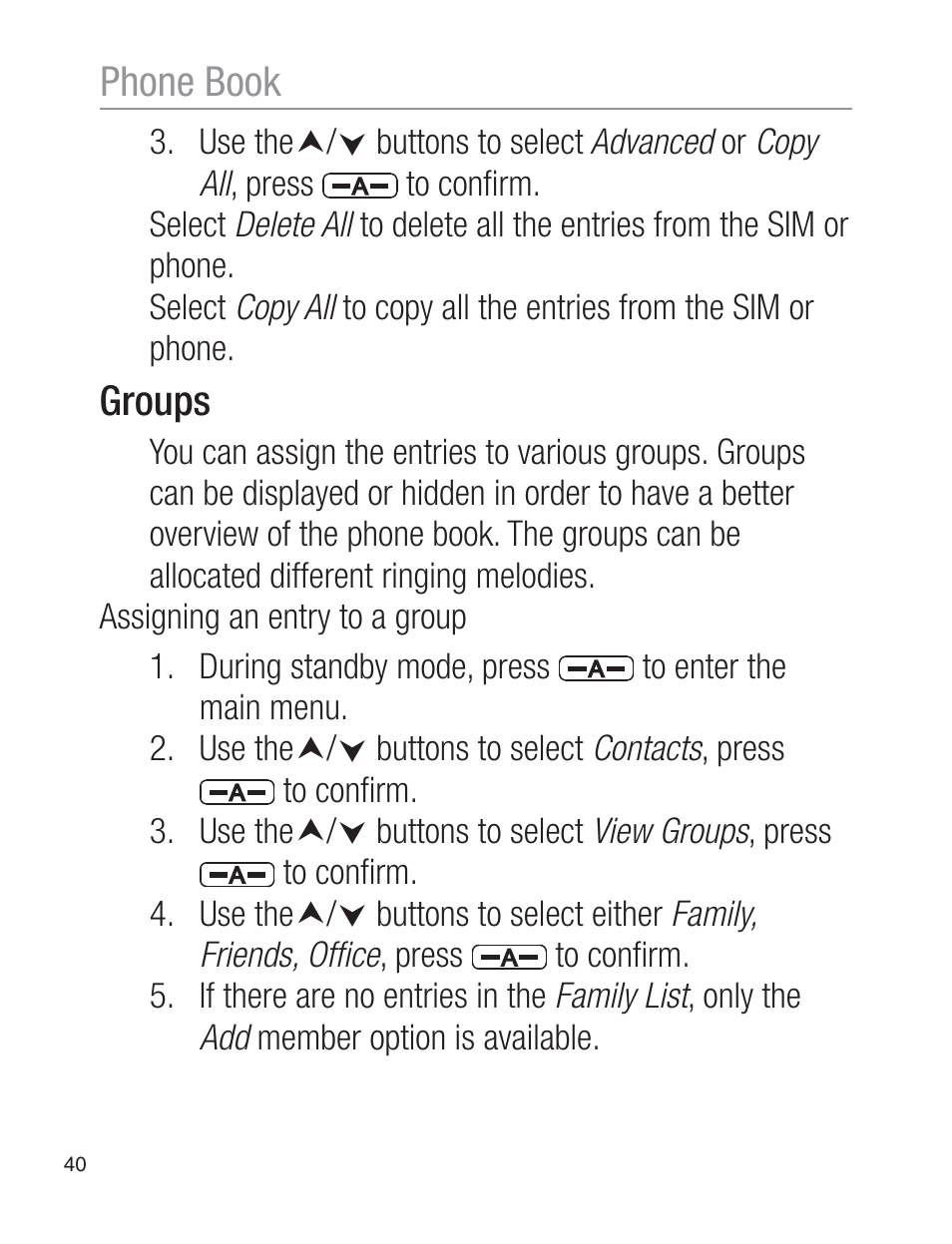 Groups, Phone book | Oricom EZY120 User Manual | Page 40 / 68
