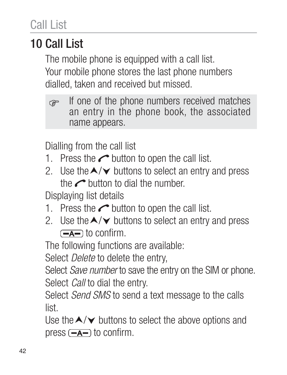 Call list 10 call list | Oricom EZY120 User Manual | Page 42 / 68