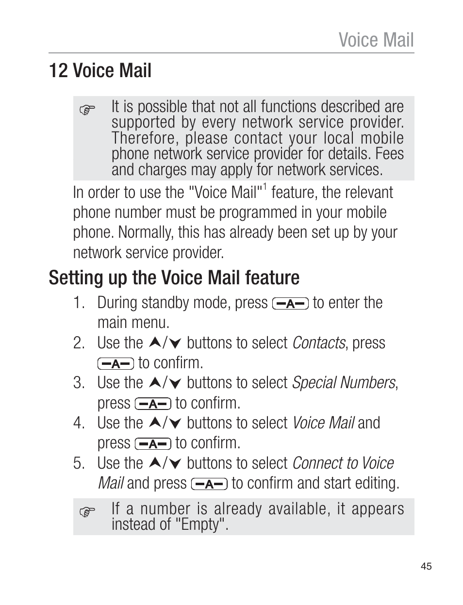 12 voice mail, Setting up the voice mail feature, Voice mail | Oricom EZY120 User Manual | Page 45 / 68