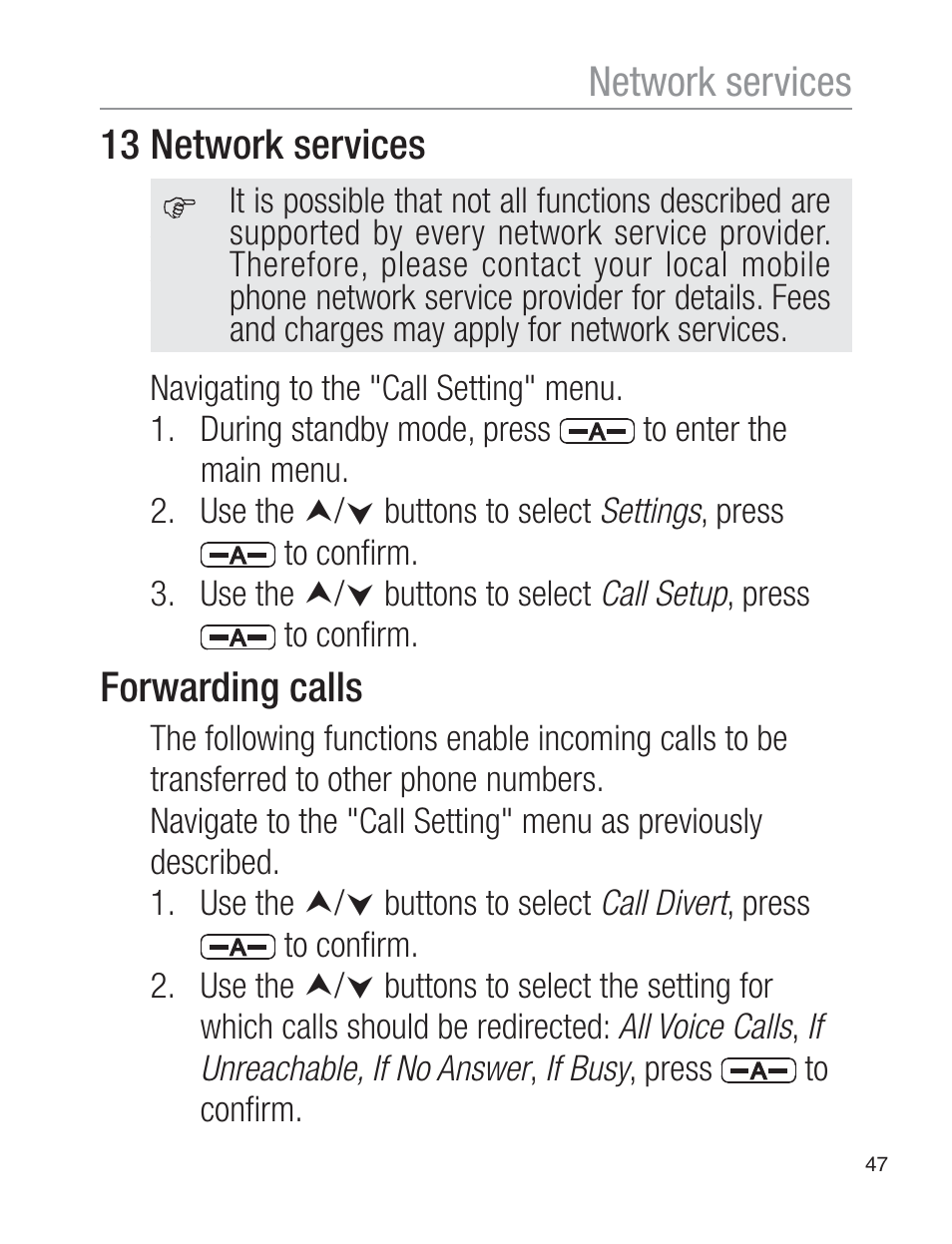 13 network services, Forwarding calls, Network services | Oricom EZY120 User Manual | Page 47 / 68
