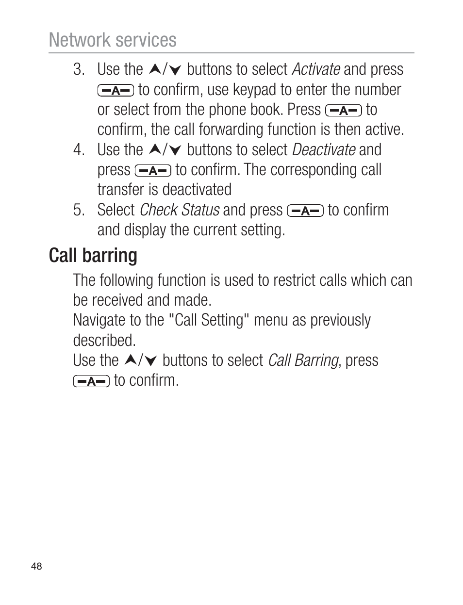 Call barring, Network services | Oricom EZY120 User Manual | Page 48 / 68