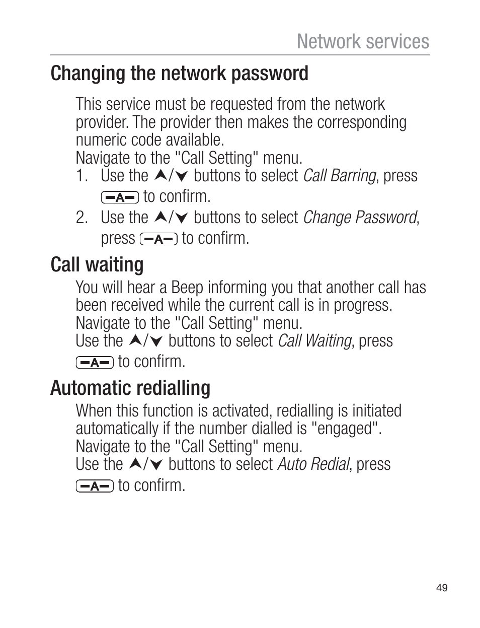 Changing the network password, Call waiting, Automatic redialling | Network services | Oricom EZY120 User Manual | Page 49 / 68