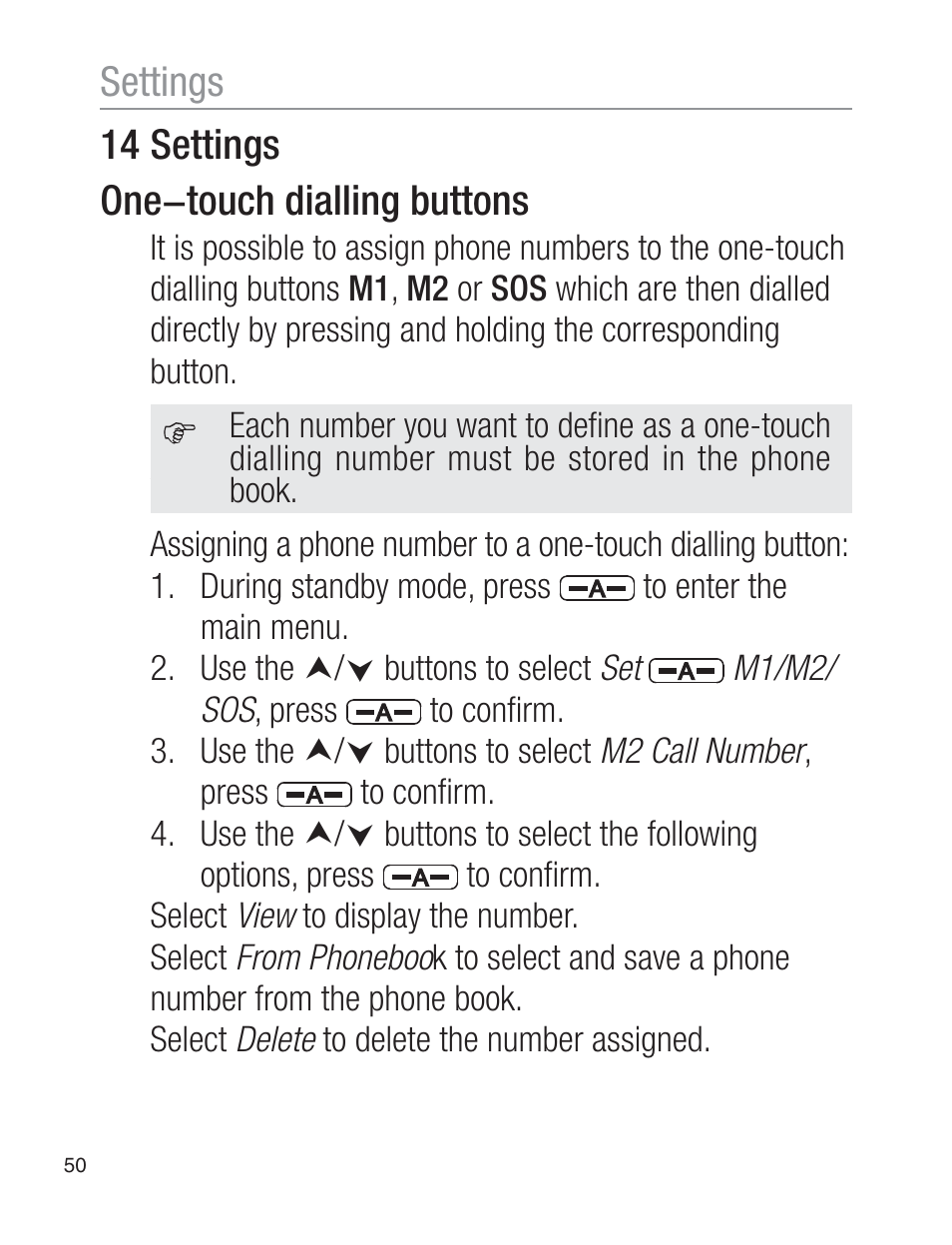 14 settings one−touch dialling buttons, Settings | Oricom EZY120 User Manual | Page 50 / 68