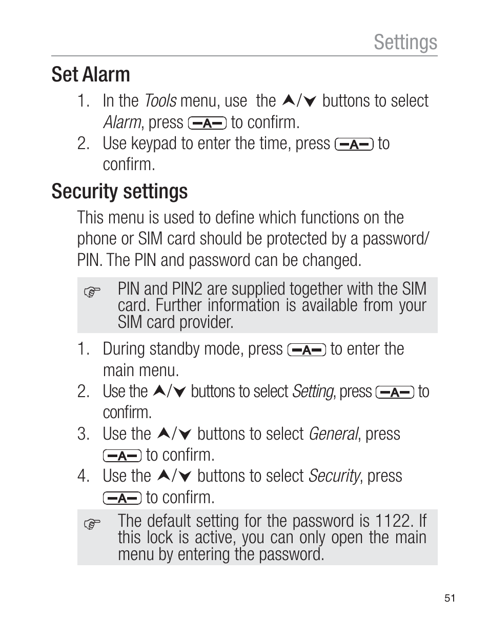 Settings set alarm, Security settings | Oricom EZY120 User Manual | Page 51 / 68