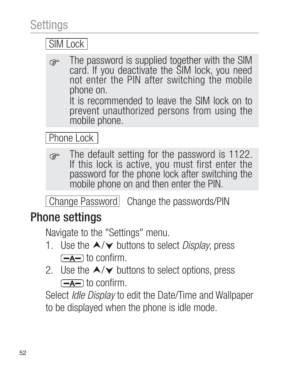 Settings, Phone settings, Change password change the passwords/pin | Oricom EZY120 User Manual | Page 52 / 68